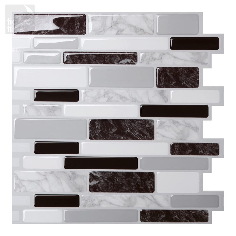 Tic Tac Tiles Peel and Stick Self Adhesive Removable Stick On Kitchen Backsplash Bathroom 3D Wall Sticker Wallpaper Tiles in Polito Designs (10 Sheets, Polito Black & White) - Image 1